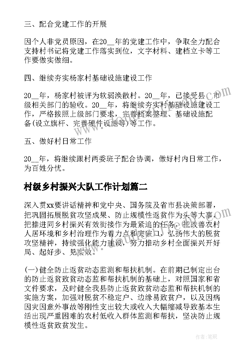 2023年村级乡村振兴大队工作计划(模板8篇)