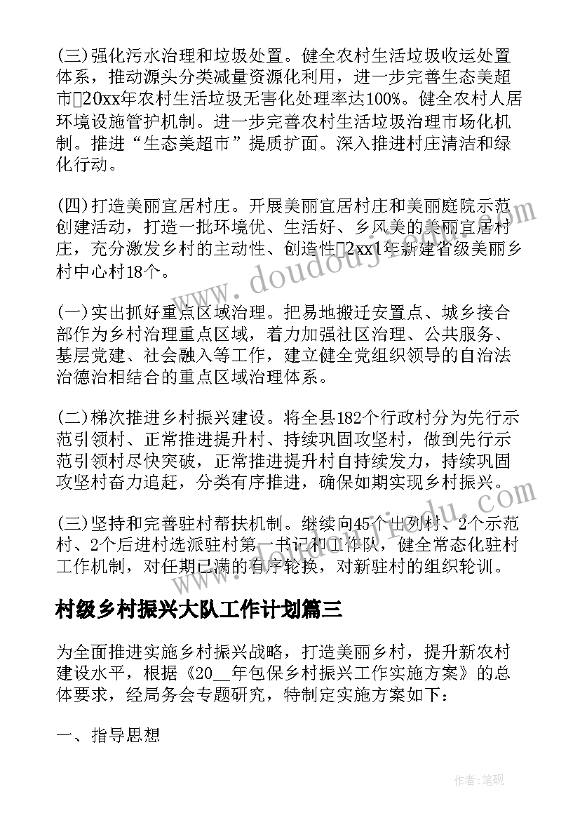 2023年村级乡村振兴大队工作计划(模板8篇)