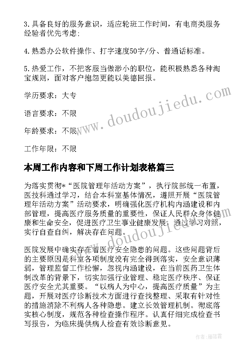 本周工作内容和下周工作计划表格(模板5篇)