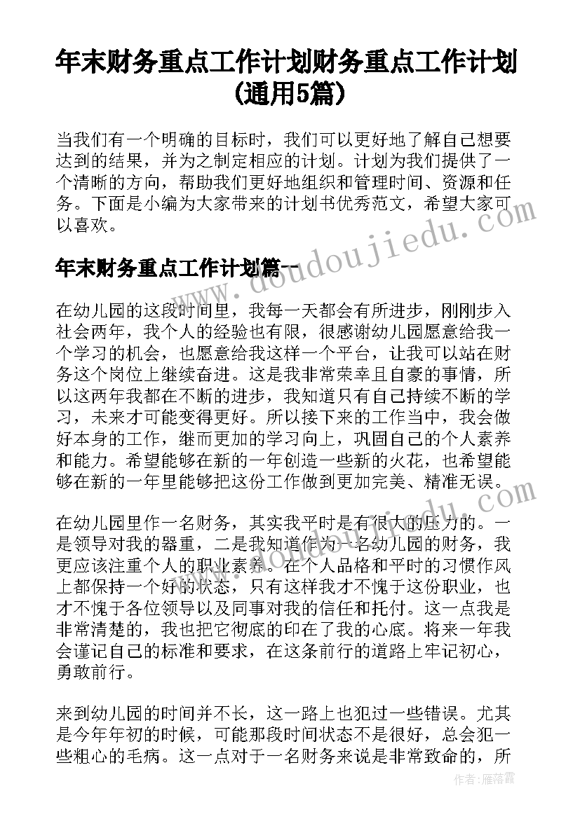 年末财务重点工作计划 财务重点工作计划(通用5篇)