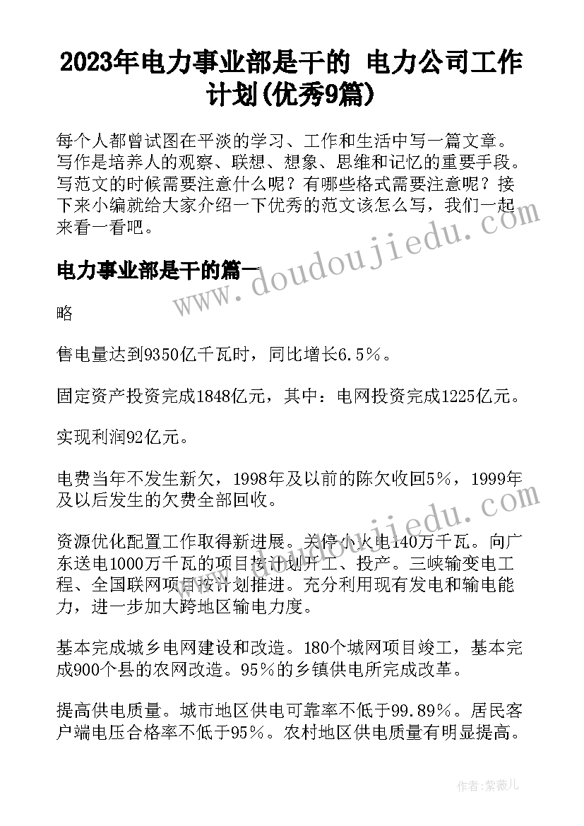 2023年电力事业部是干的 电力公司工作计划(优秀9篇)