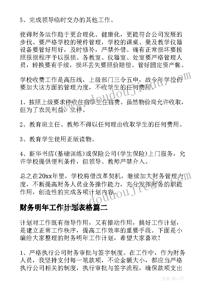 最新财务明年工作计划表格(实用5篇)