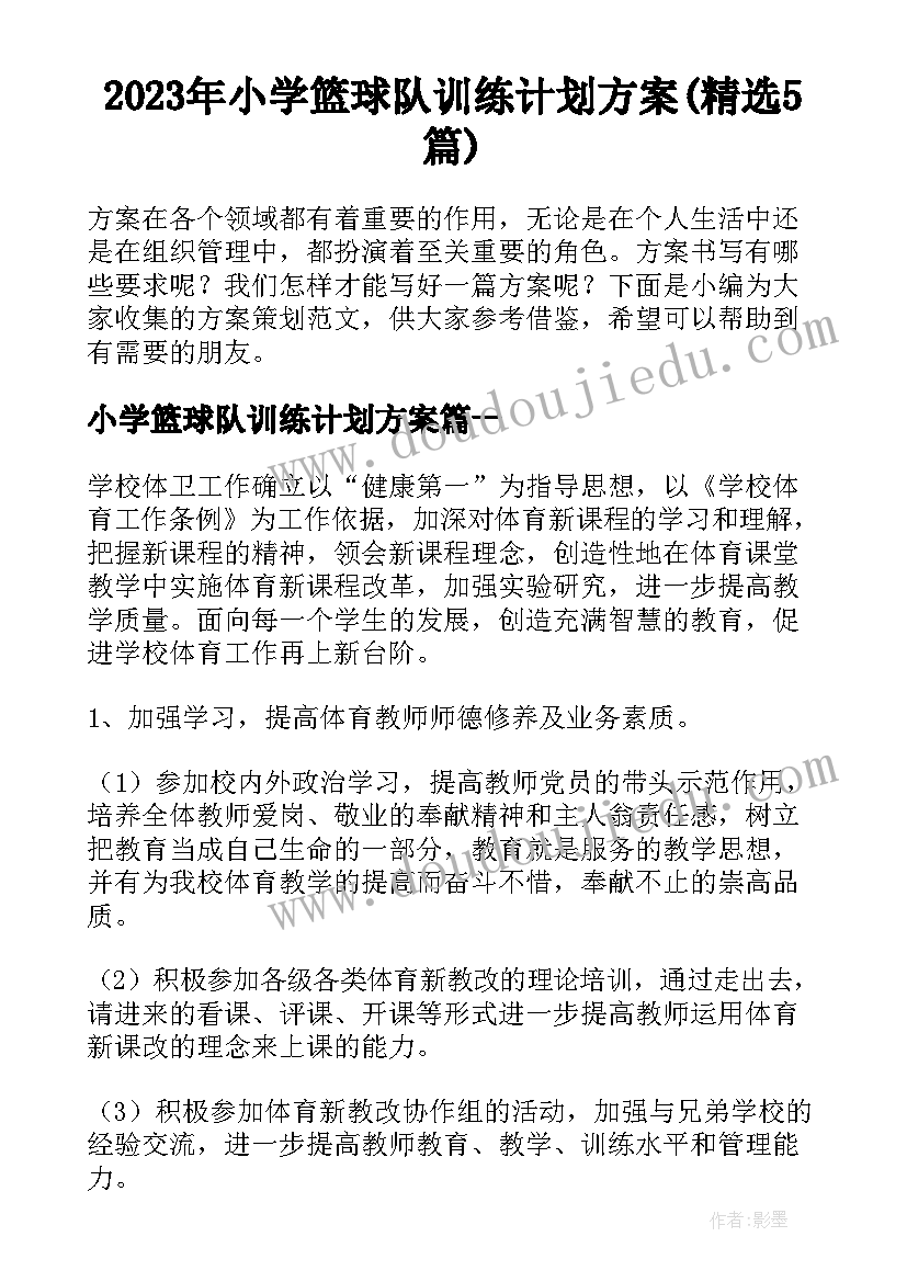 2023年小学篮球队训练计划方案(精选5篇)