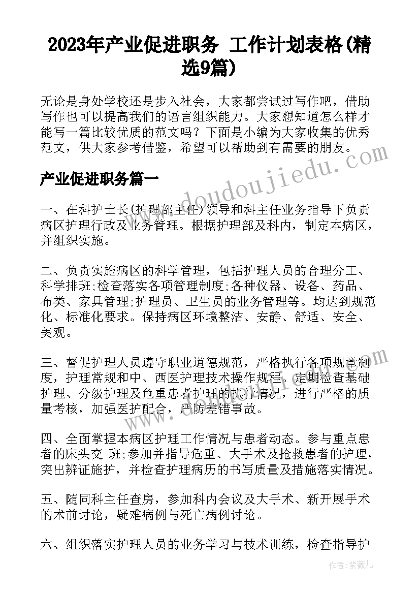 2023年产业促进职务 工作计划表格(精选9篇)