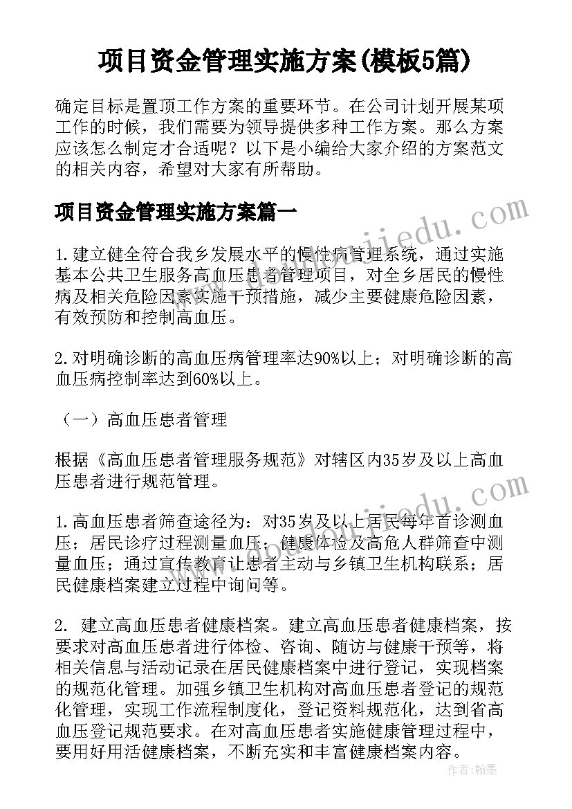 项目资金管理实施方案(模板5篇)