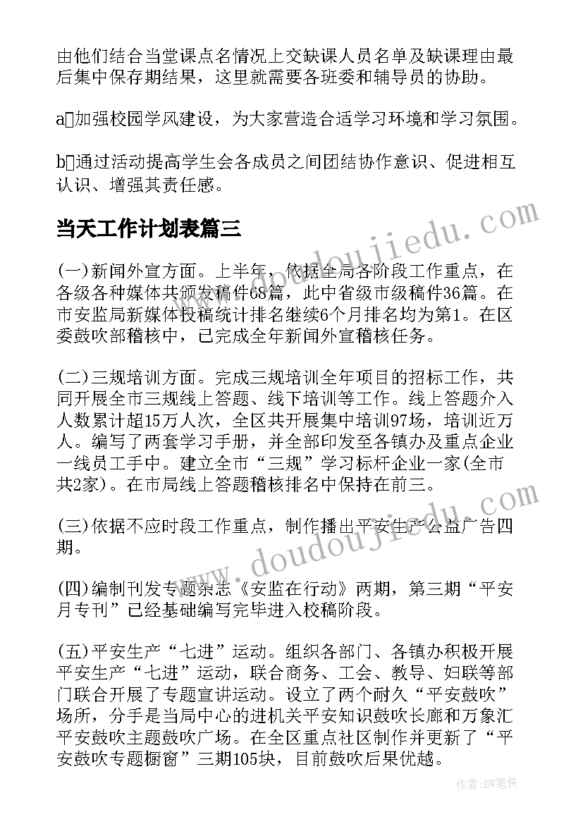 当天工作计划表(模板6篇)