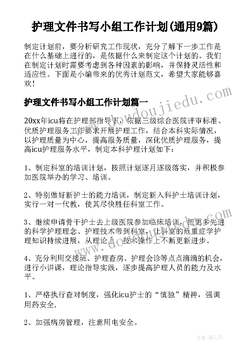 护理文件书写小组工作计划(通用9篇)