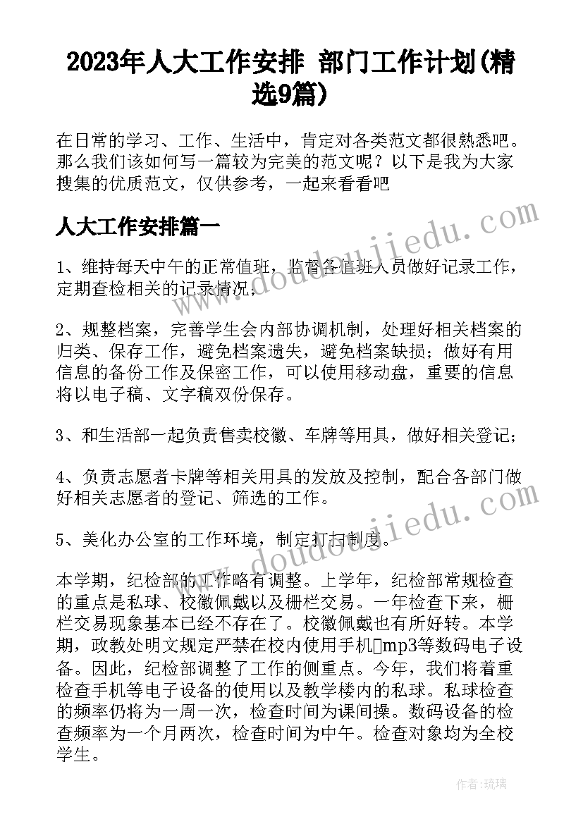 2023年人大工作安排 部门工作计划(精选9篇)