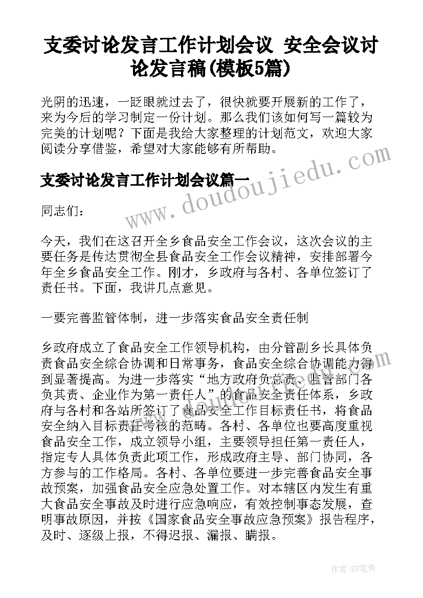 支委讨论发言工作计划会议 安全会议讨论发言稿(模板5篇)