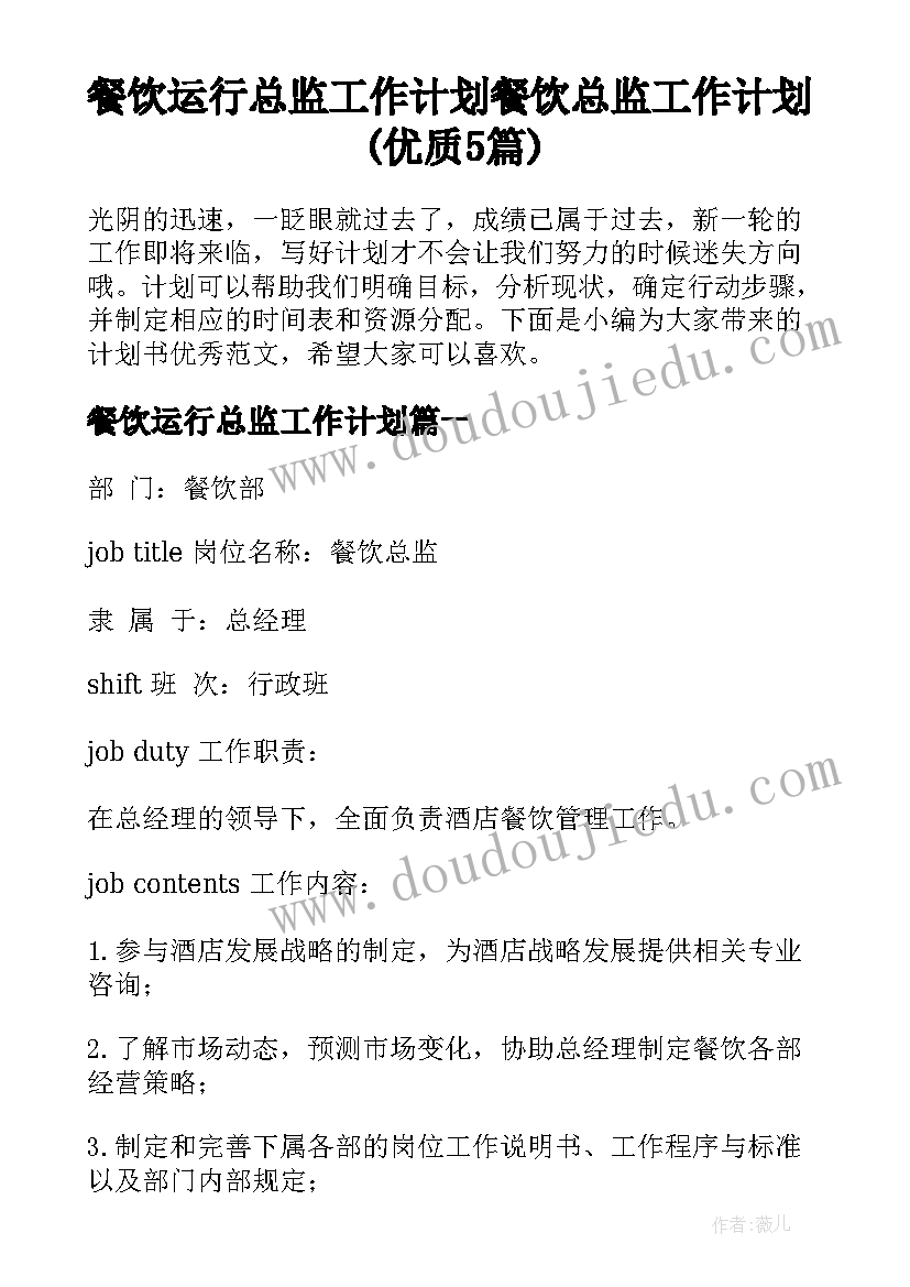 餐饮运行总监工作计划 餐饮总监工作计划(优质5篇)