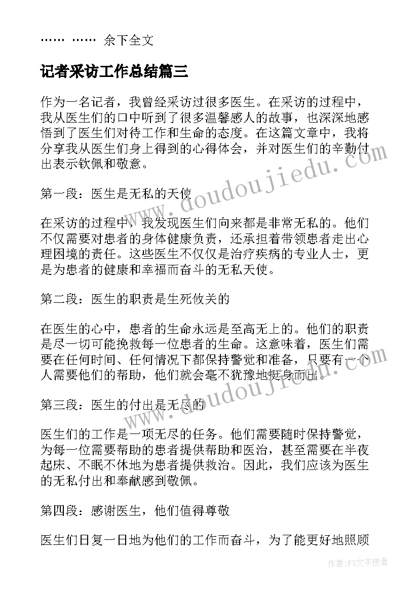 2023年记者采访工作总结(汇总6篇)