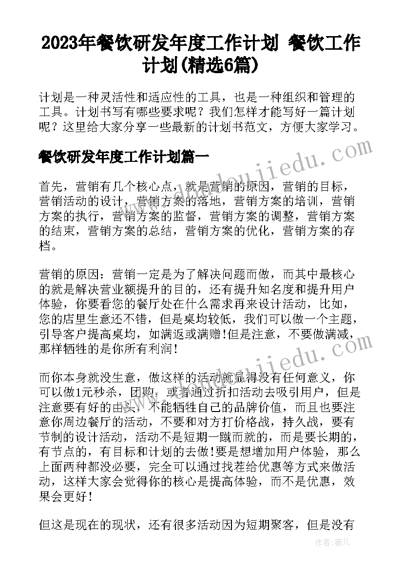 2023年餐饮研发年度工作计划 餐饮工作计划(精选6篇)