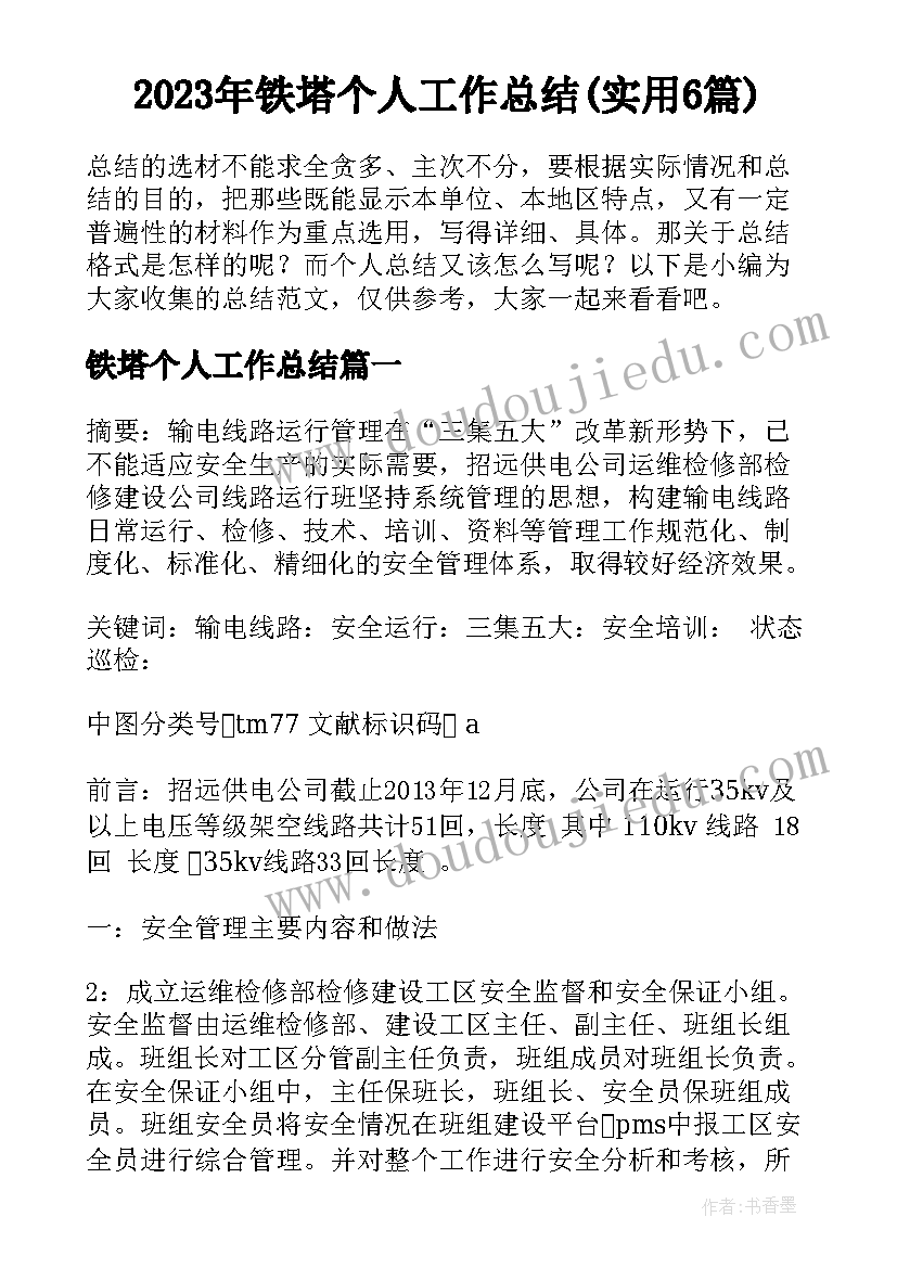 2023年铁塔个人工作总结(实用6篇)