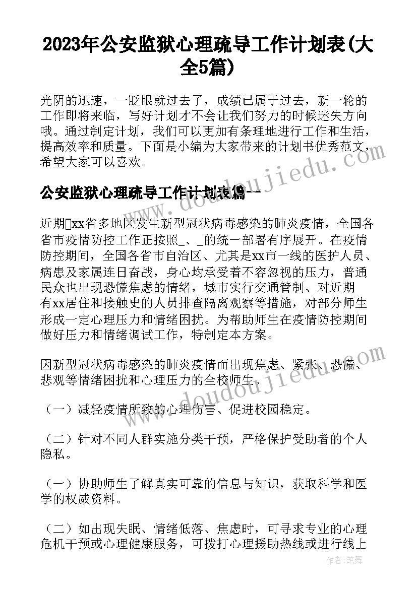 2023年公安监狱心理疏导工作计划表(大全5篇)