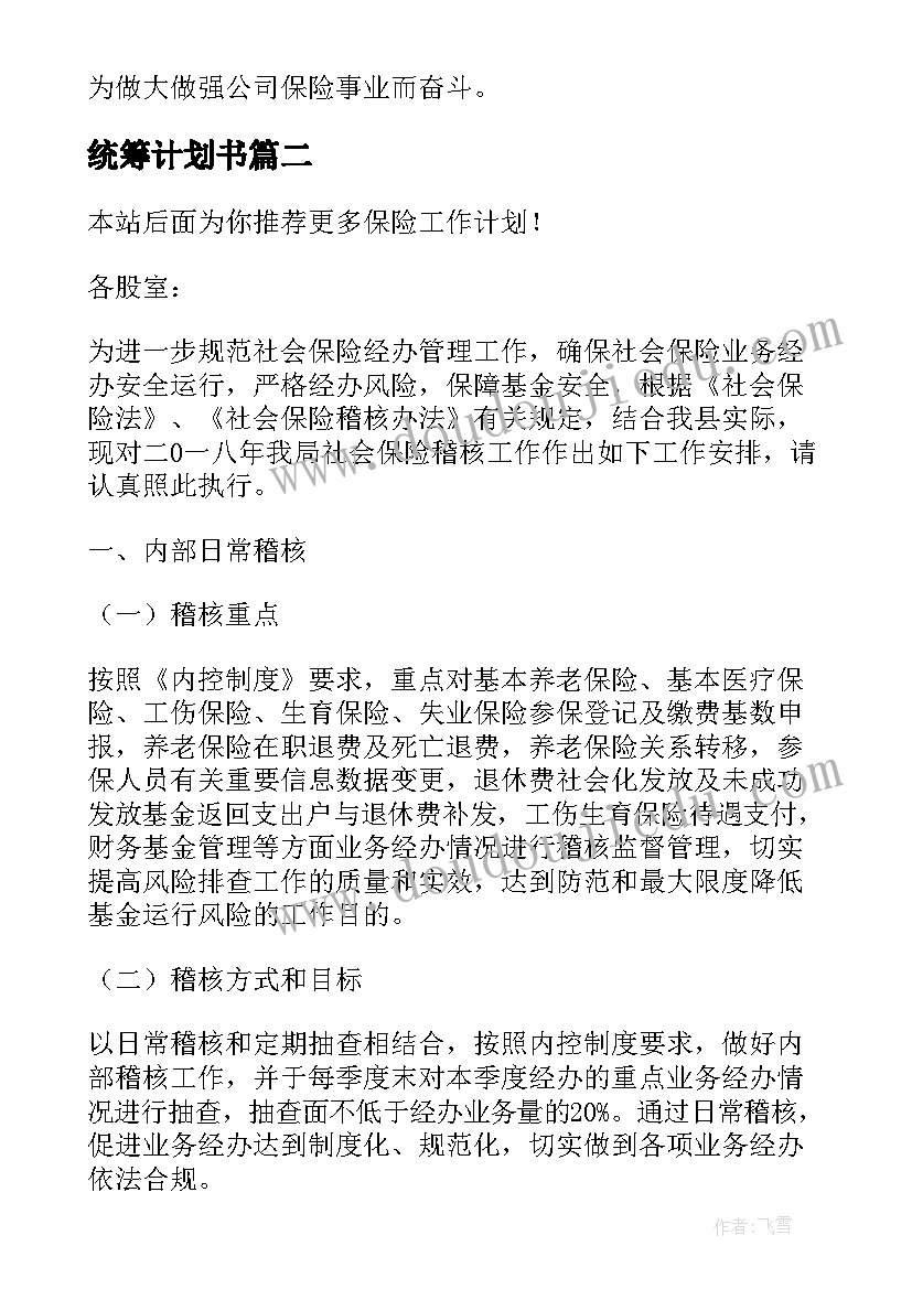 2023年统筹计划书 保险工作计划(优质5篇)