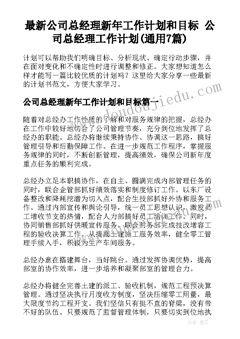 最新公司总经理新年工作计划和目标 公司总经理工作计划(通用7篇)