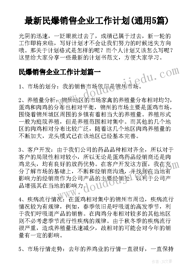 最新民爆销售企业工作计划(通用5篇)