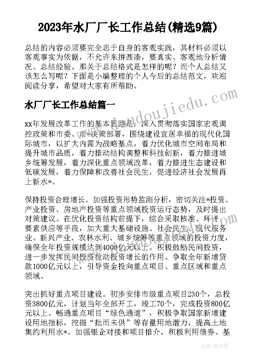 2023年水厂厂长工作总结(精选9篇)