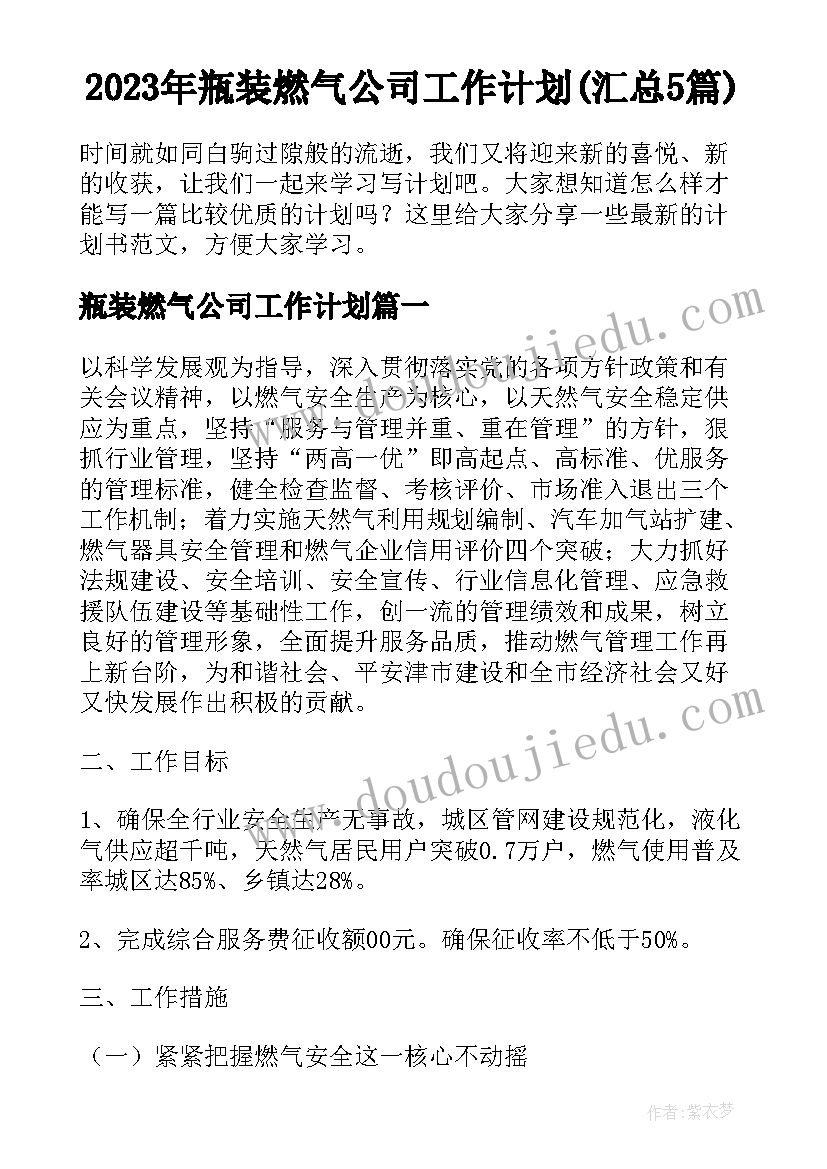 2023年瓶装燃气公司工作计划(汇总5篇)