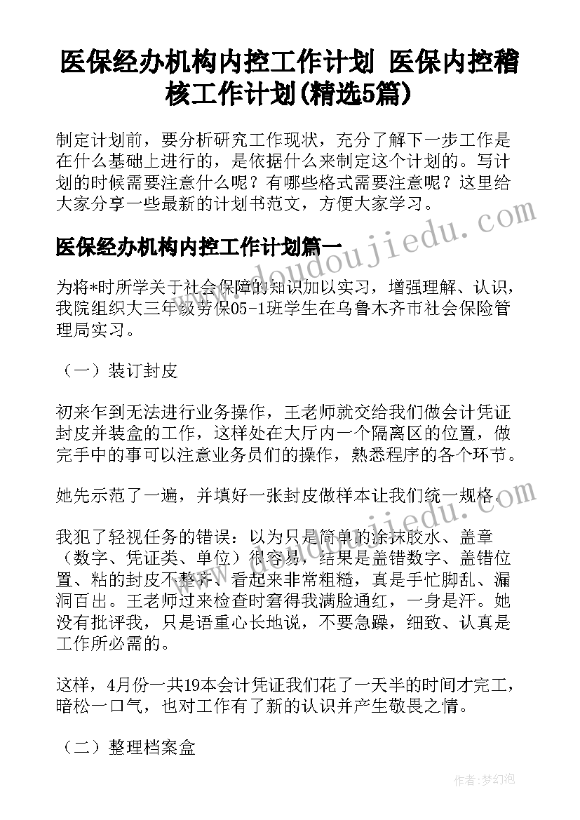 医保经办机构内控工作计划 医保内控稽核工作计划(精选5篇)