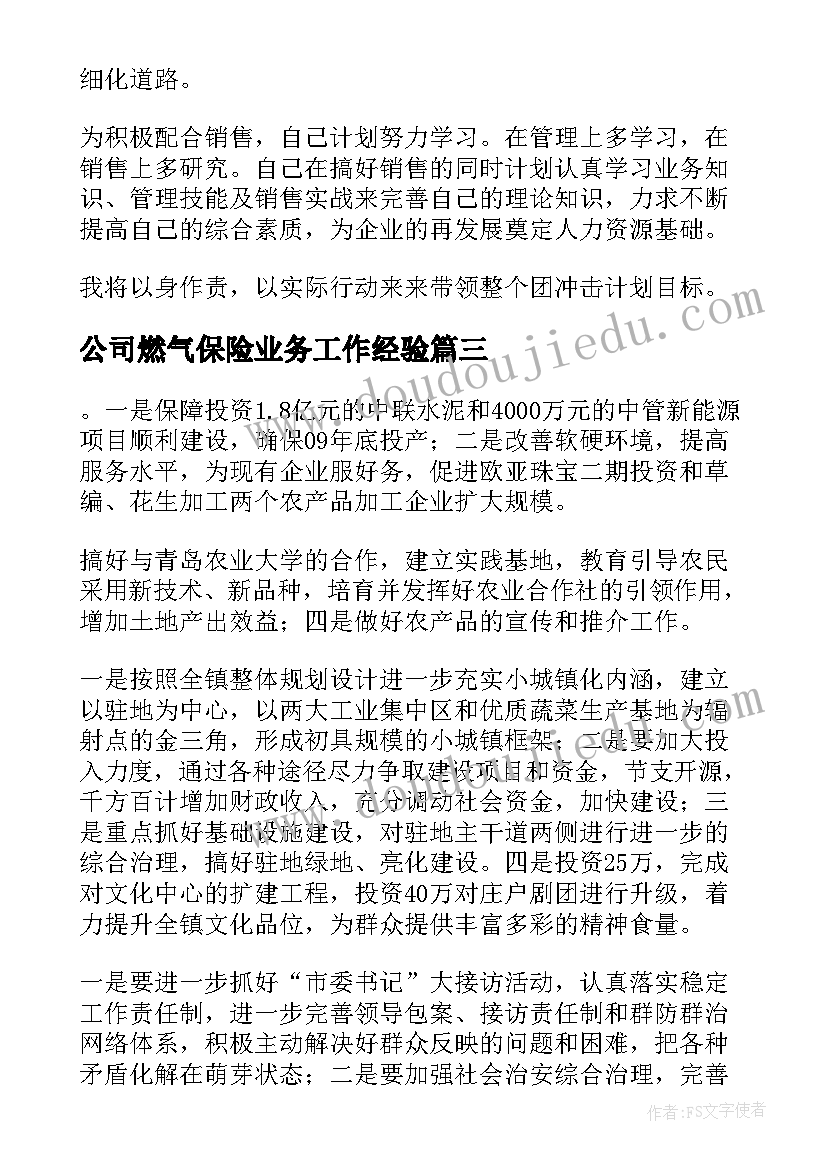 公司燃气保险业务工作经验 目标工作计划(大全6篇)