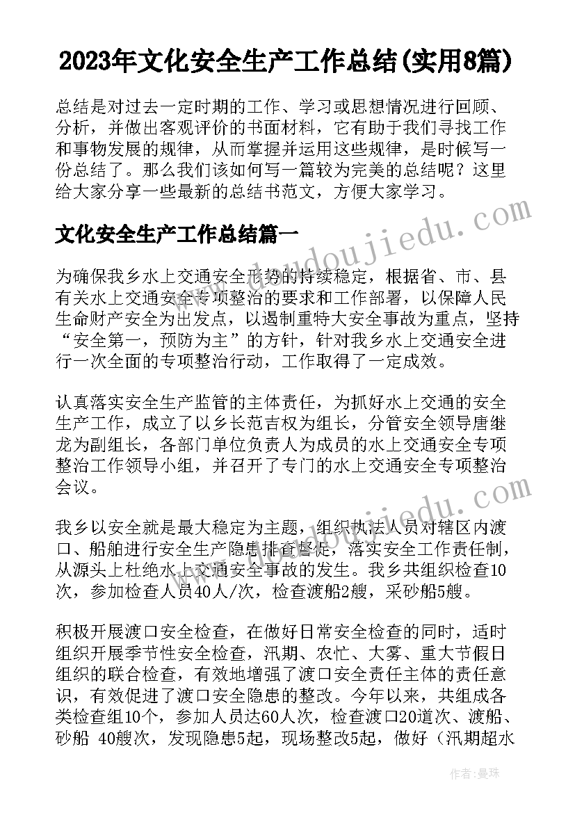 2023年文化安全生产工作总结(实用8篇)