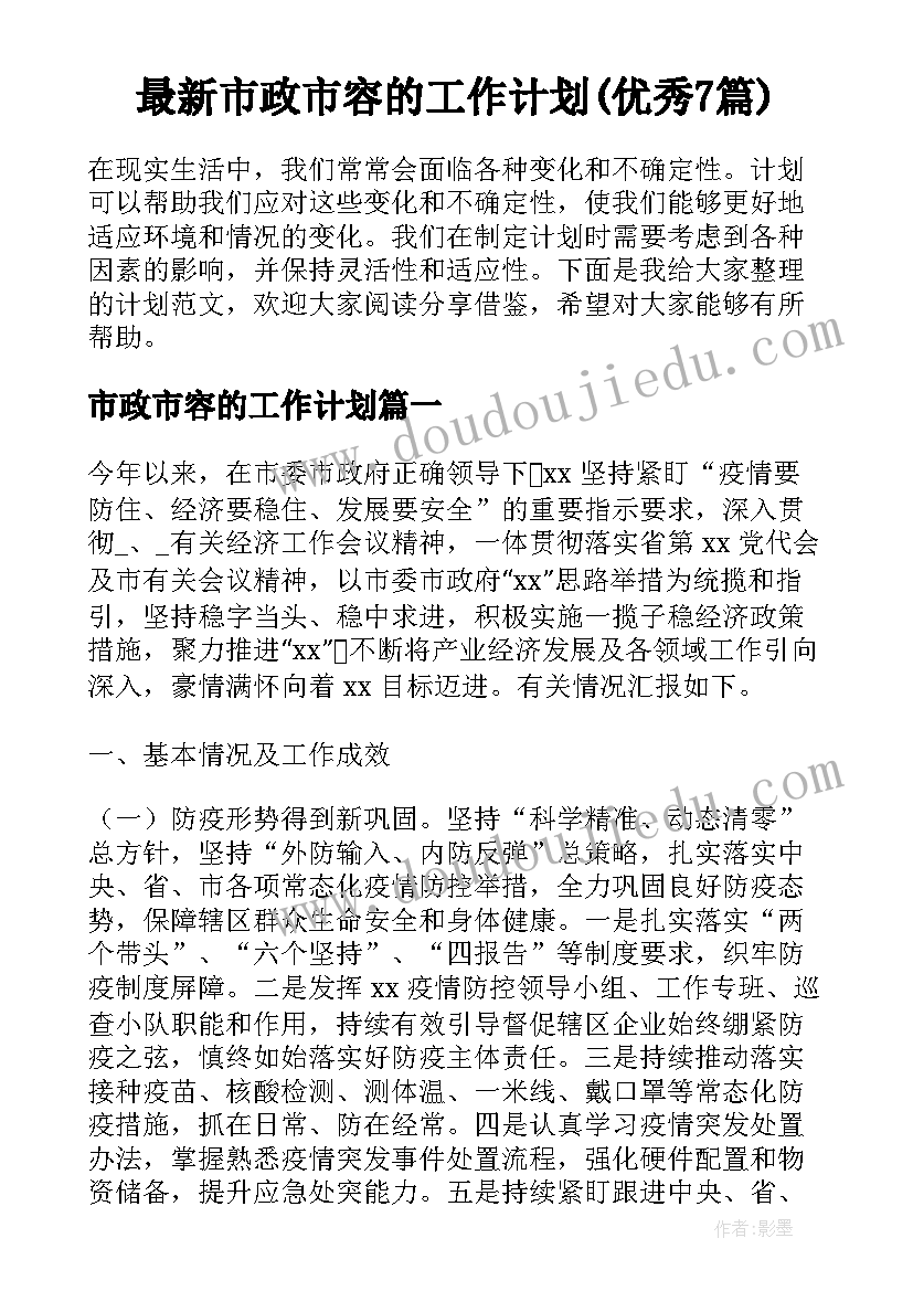 最新市政市容的工作计划(优秀7篇)