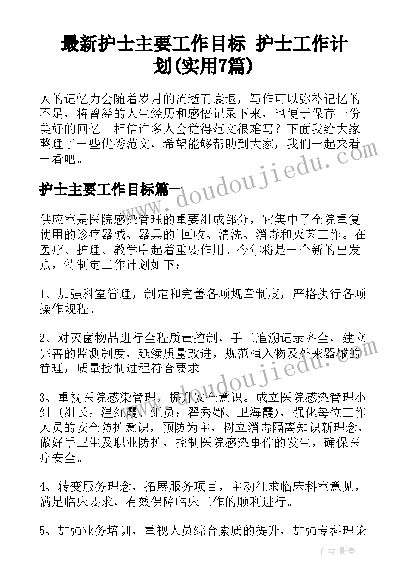 最新护士主要工作目标 护士工作计划(实用7篇)