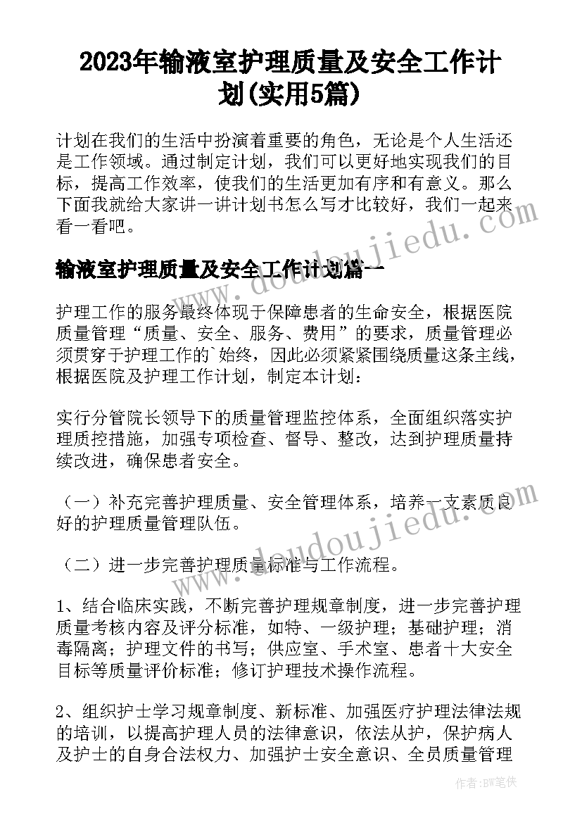 2023年输液室护理质量及安全工作计划(实用5篇)