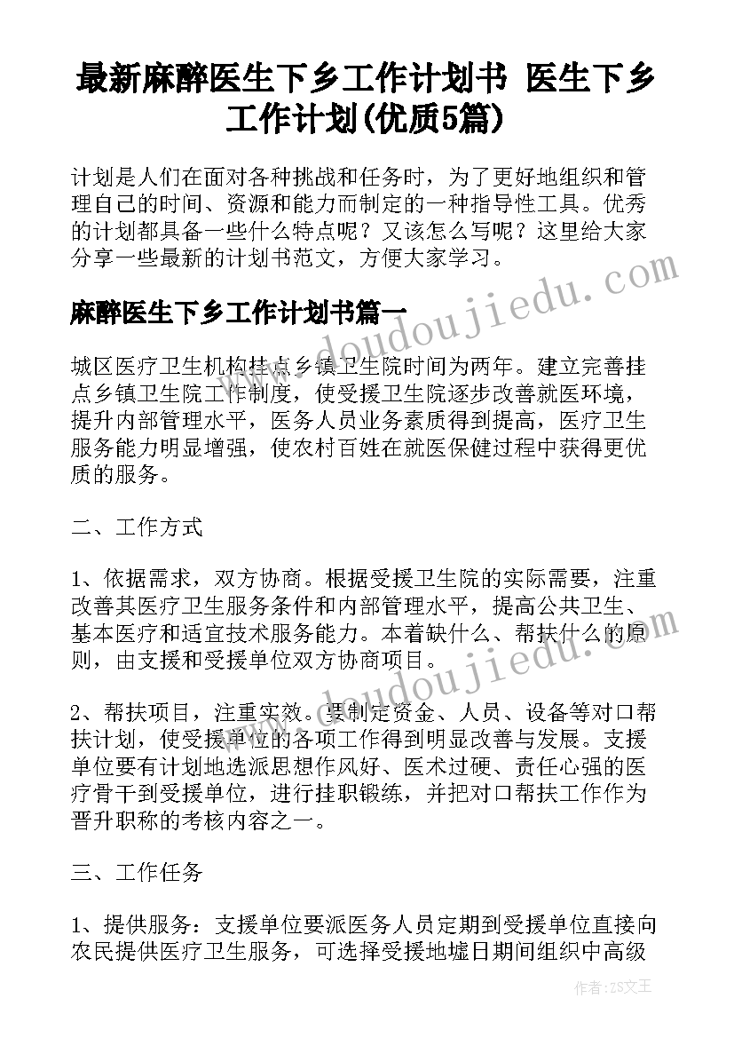 最新麻醉医生下乡工作计划书 医生下乡工作计划(优质5篇)