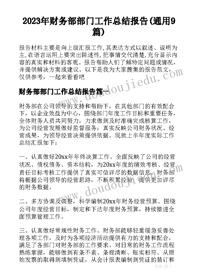 2023年财务部部门工作总结报告(通用9篇)