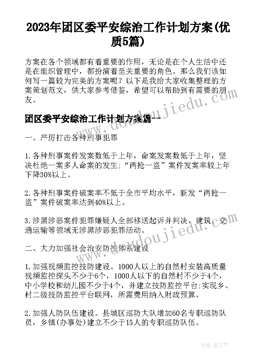 2023年团区委平安综治工作计划方案(优质5篇)