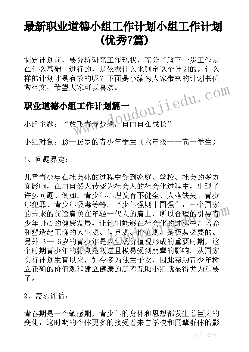 最新职业道德小组工作计划 小组工作计划(优秀7篇)