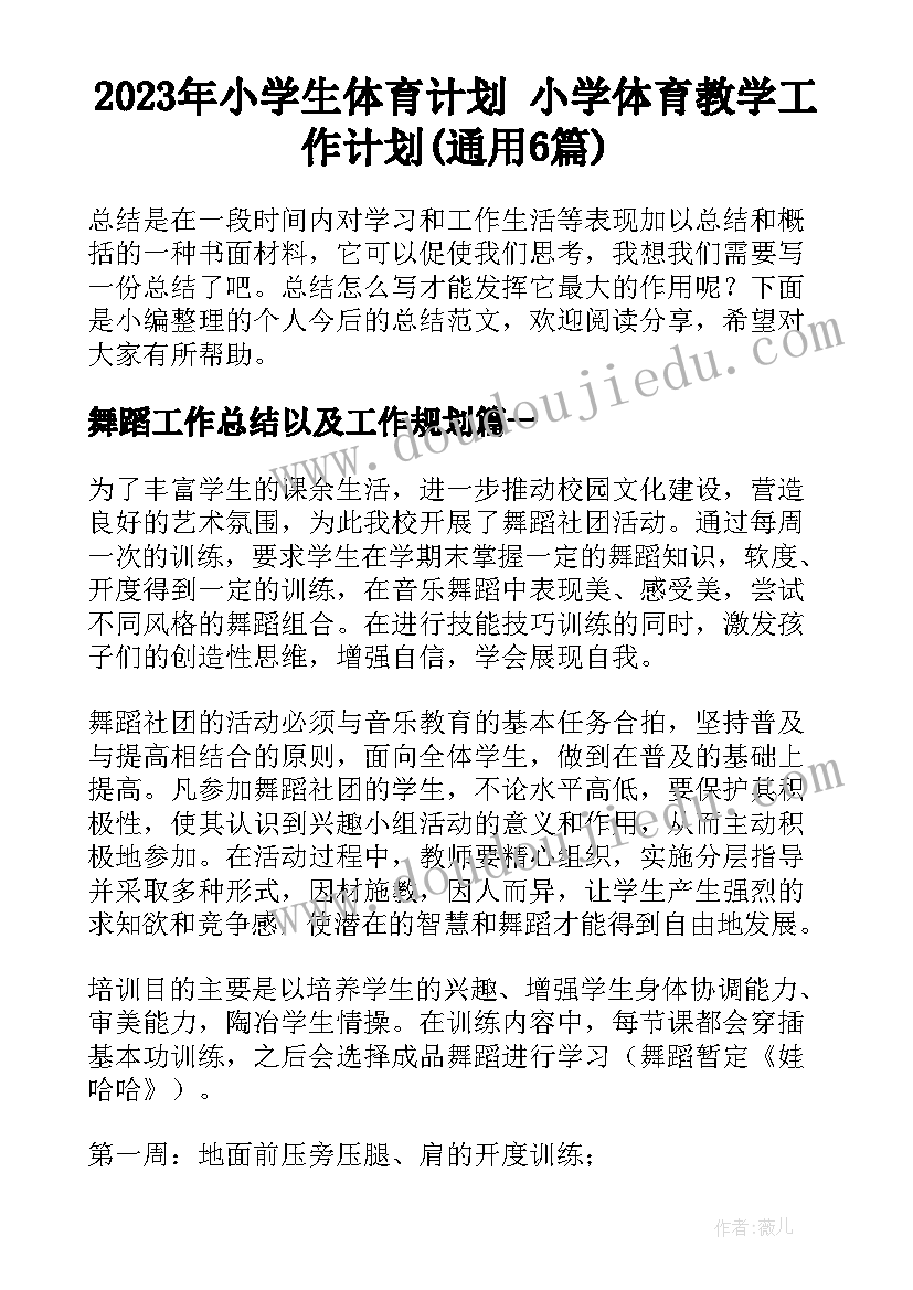 2023年小学生体育计划 小学体育教学工作计划(通用6篇)