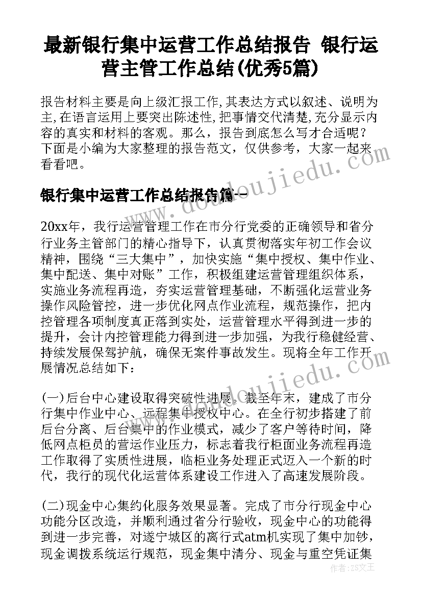 最新银行集中运营工作总结报告 银行运营主管工作总结(优秀5篇)