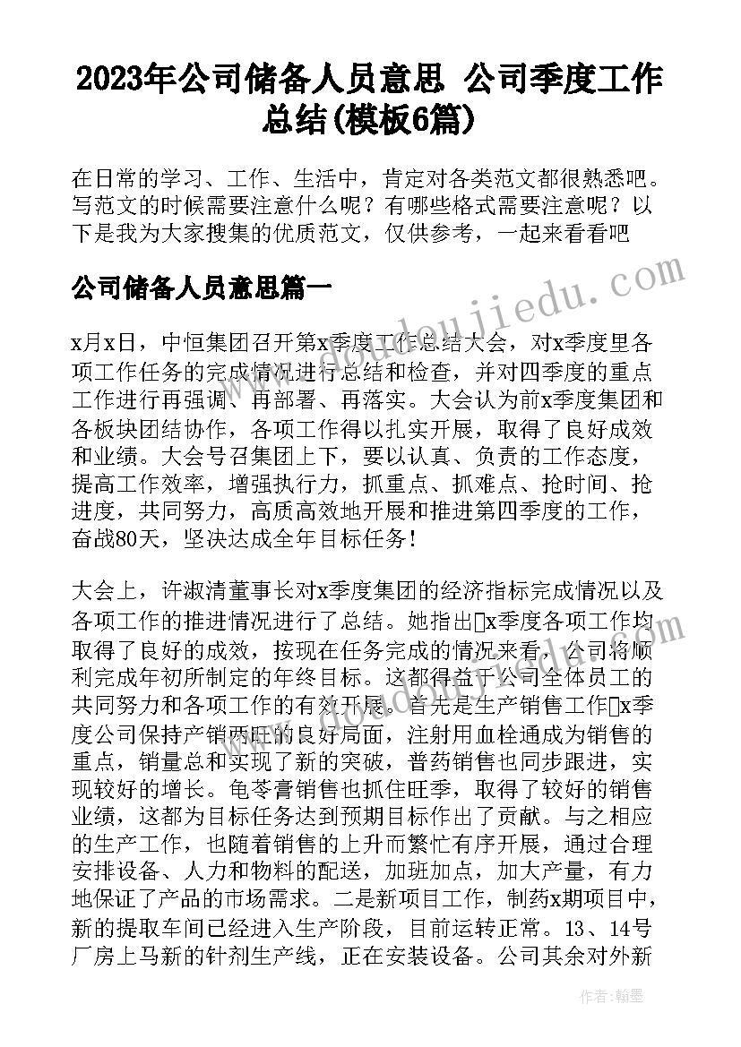 2023年公司储备人员意思 公司季度工作总结(模板6篇)