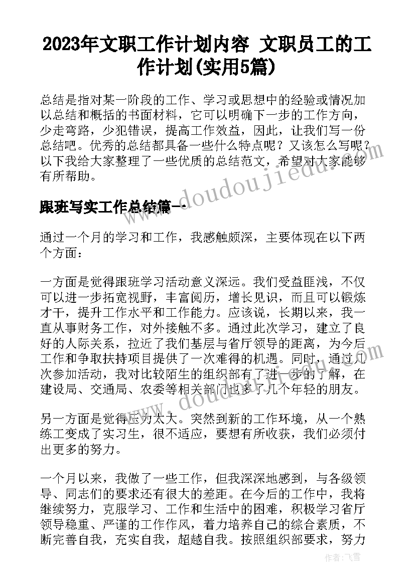 2023年文职工作计划内容 文职员工的工作计划(实用5篇)