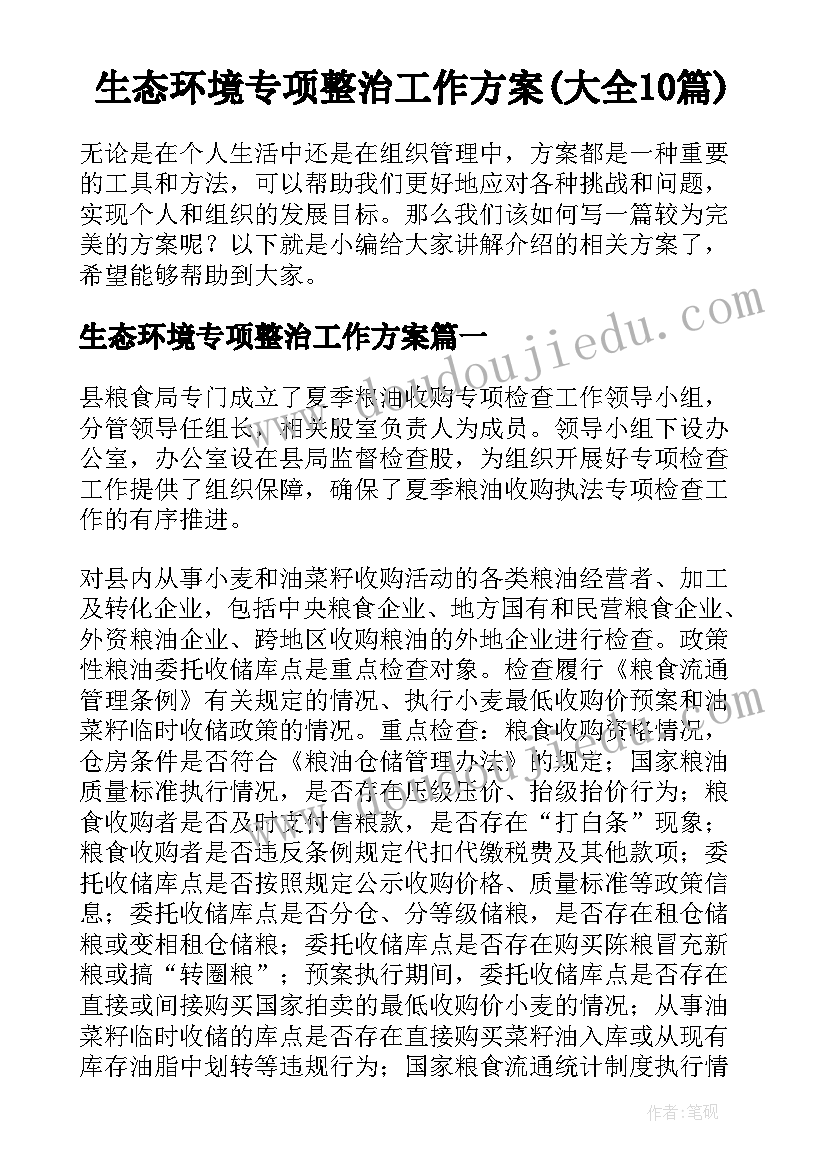 生态环境专项整治工作方案(大全10篇)