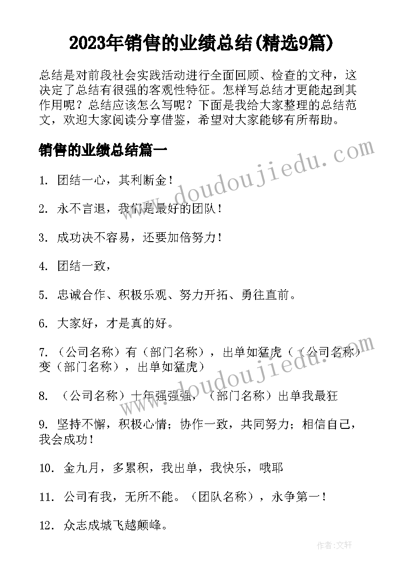 2023年销售的业绩总结(精选9篇)