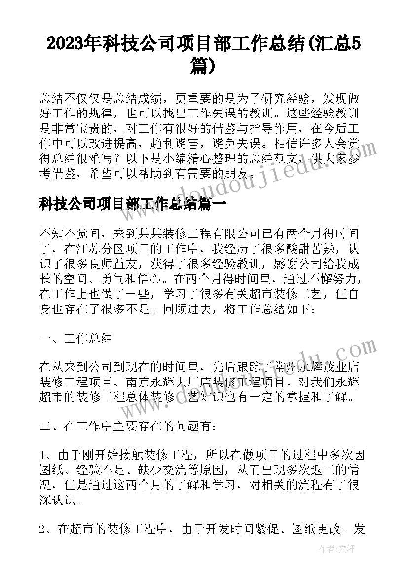 2023年科技公司项目部工作总结(汇总5篇)