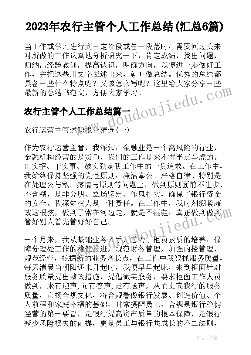 2023年农行主管个人工作总结(汇总6篇)