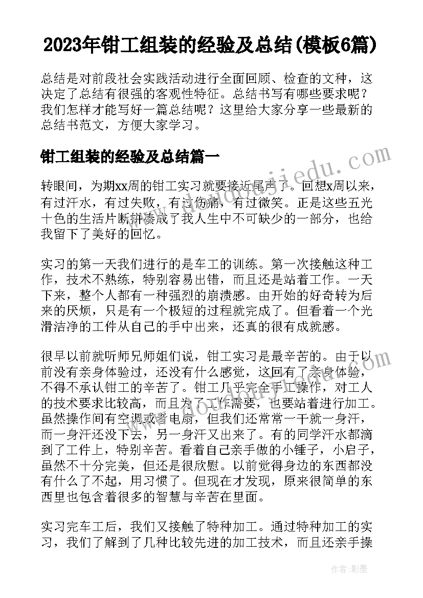 2023年钳工组装的经验及总结(模板6篇)