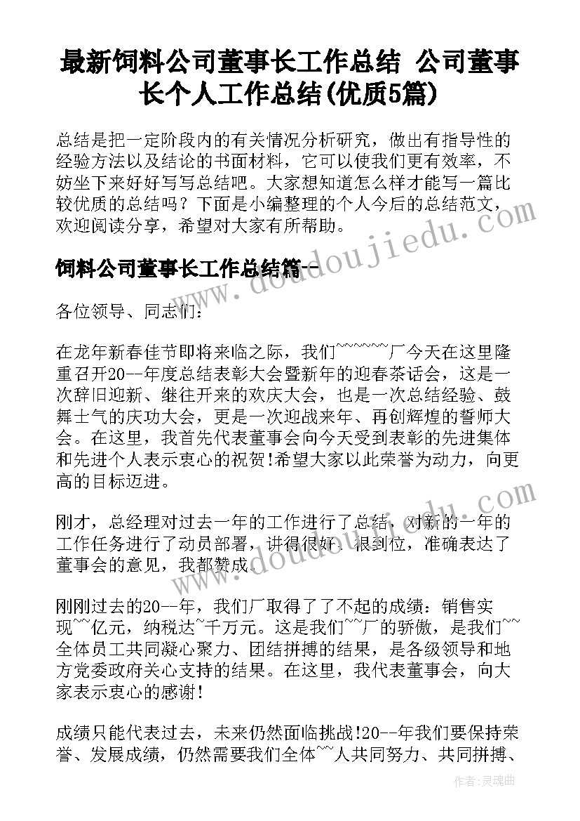 最新饲料公司董事长工作总结 公司董事长个人工作总结(优质5篇)