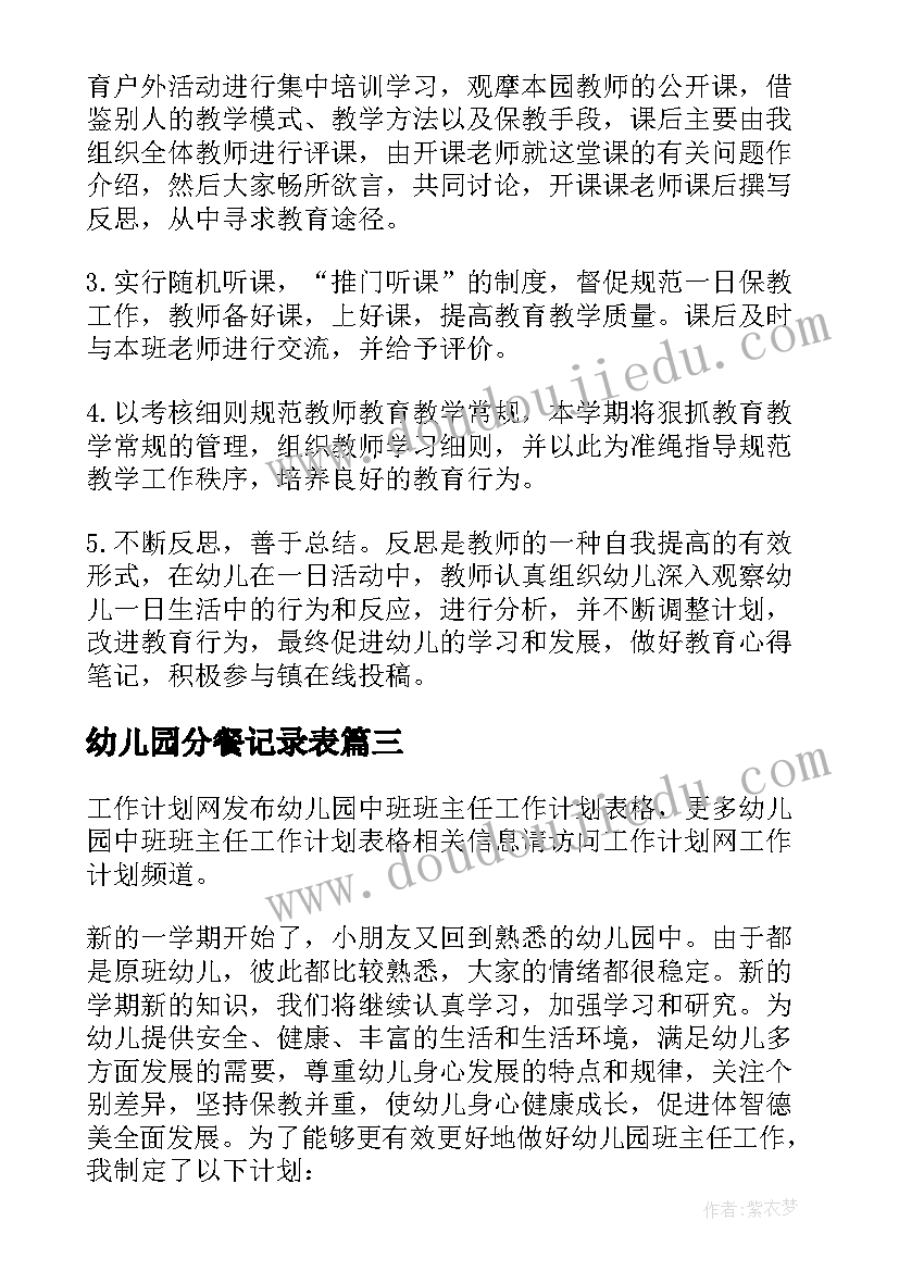 最新幼儿园分餐记录表 幼儿园园长工作计划表格格式(优秀7篇)