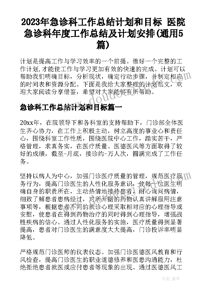 2023年急诊科工作总结计划和目标 医院急诊科年度工作总结及计划安排(通用5篇)