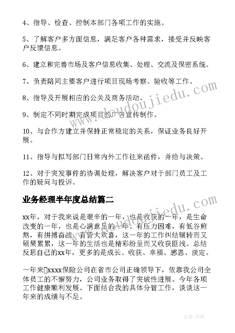 2023年业务经理半年度总结 业务经理工作总结(精选9篇)