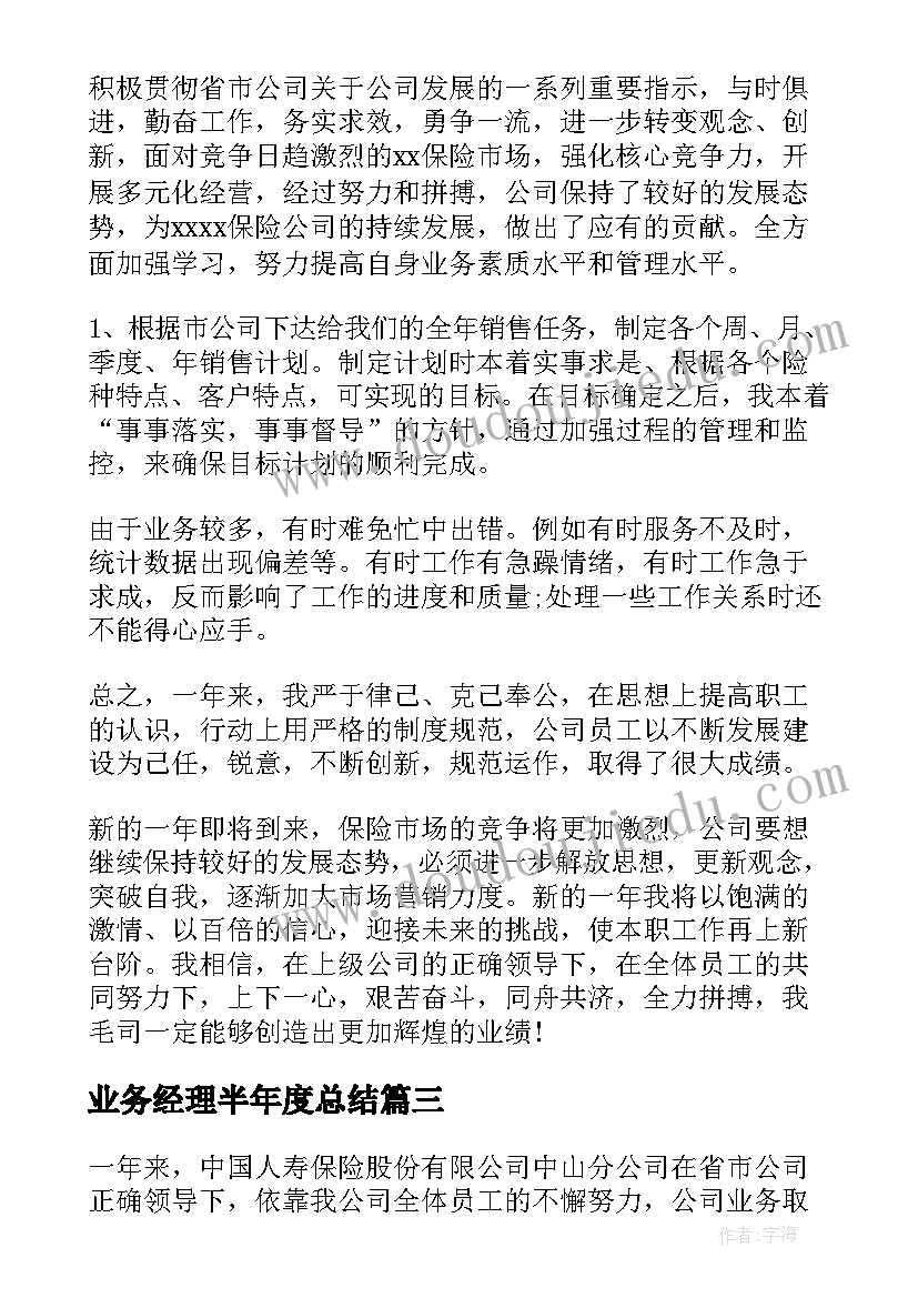 2023年业务经理半年度总结 业务经理工作总结(精选9篇)