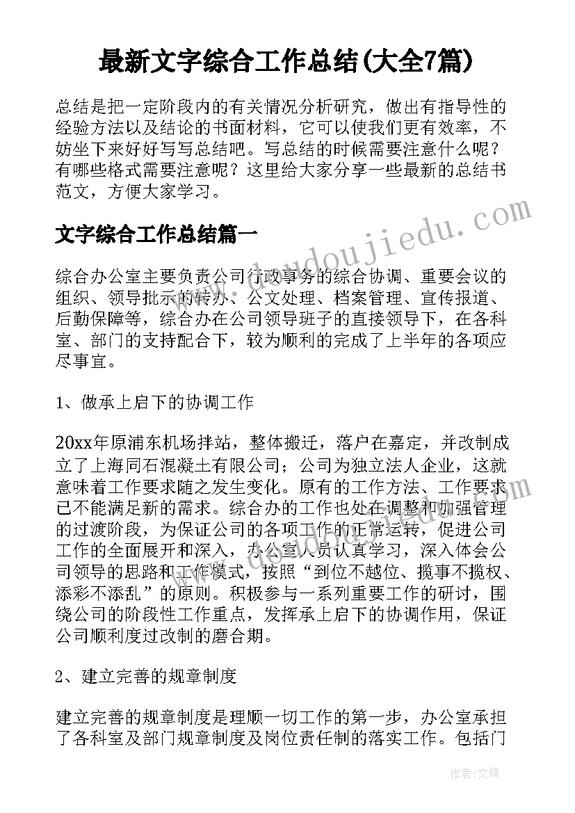 最新文字综合工作总结(大全7篇)