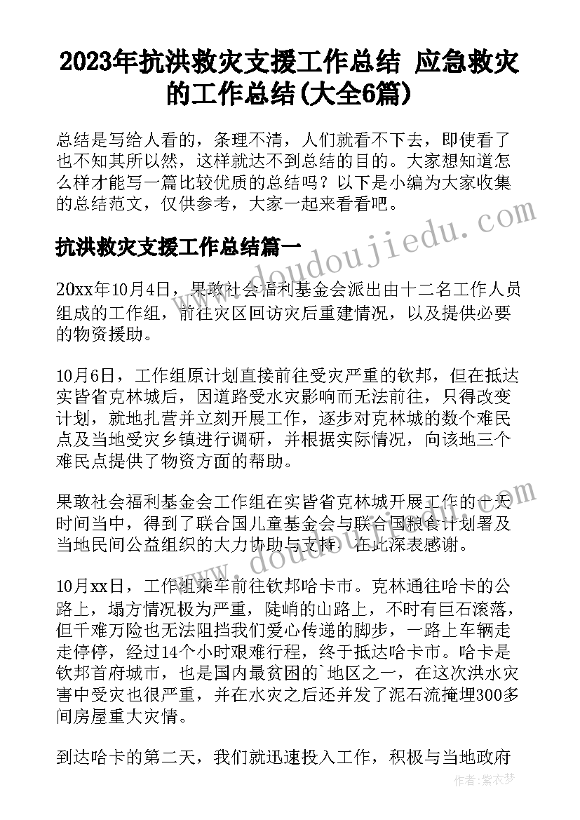 2023年抗洪救灾支援工作总结 应急救灾的工作总结(大全6篇)