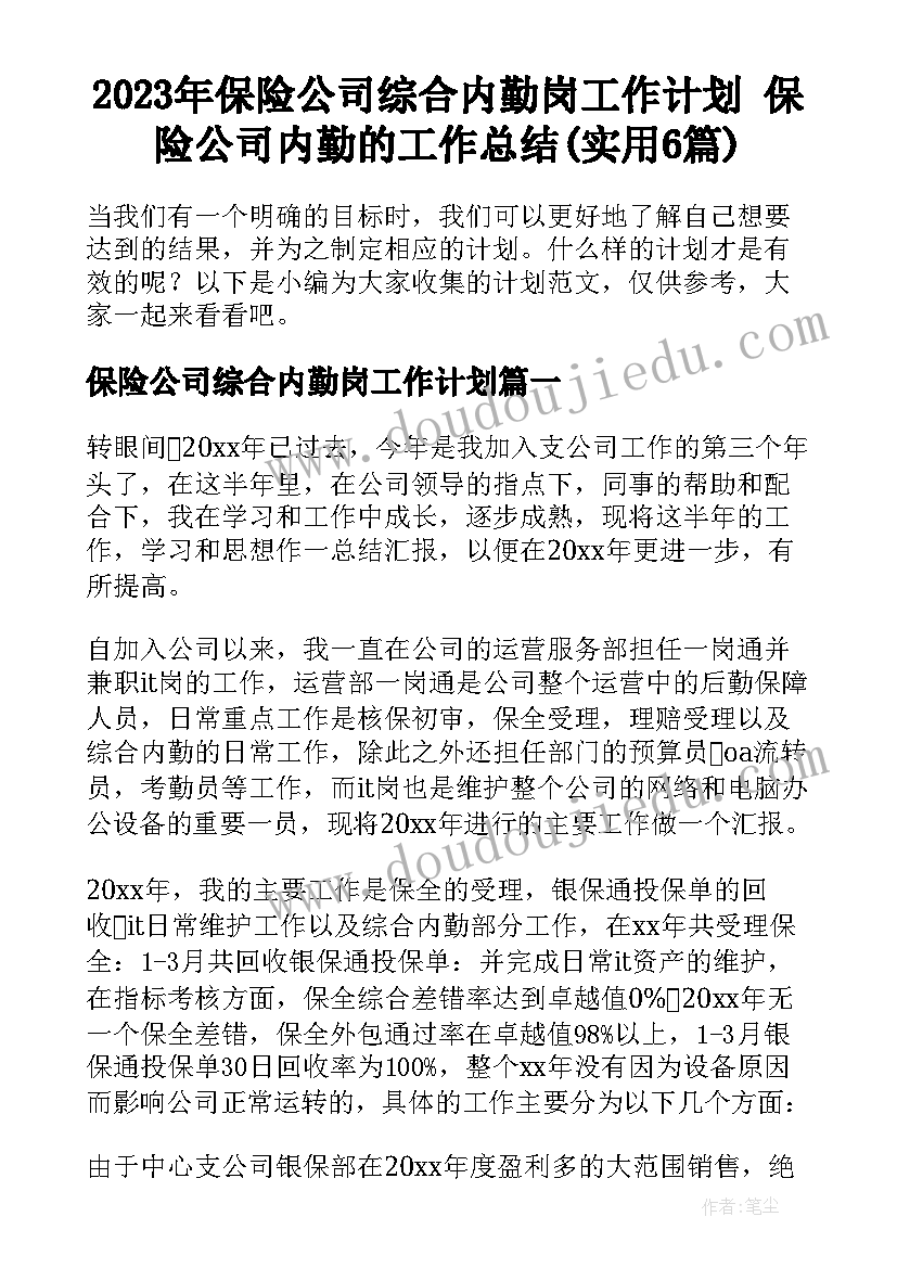 2023年保险公司综合内勤岗工作计划 保险公司内勤的工作总结(实用6篇)